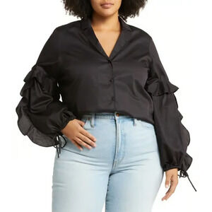 Harshman Vivona 2X Tunic Blouse Black Ruffle Sleeve Cotton‎ Top